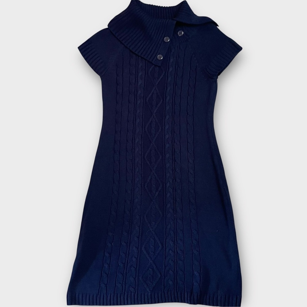 Calvin Klein Sweater Dress Women Medium Blue Cable Knit Button Collar Academia - Picture 2 of 6